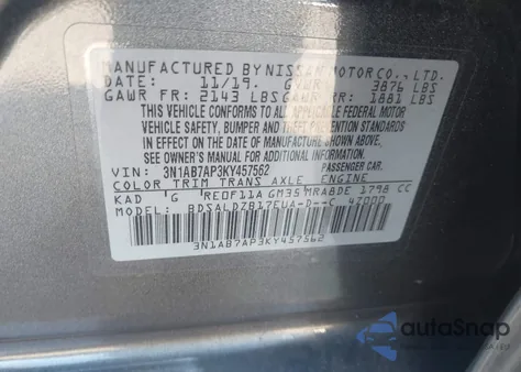 2019 Nissan Sentra Sv from USA, damaged, VIN 3N1AB7AP3KY457562